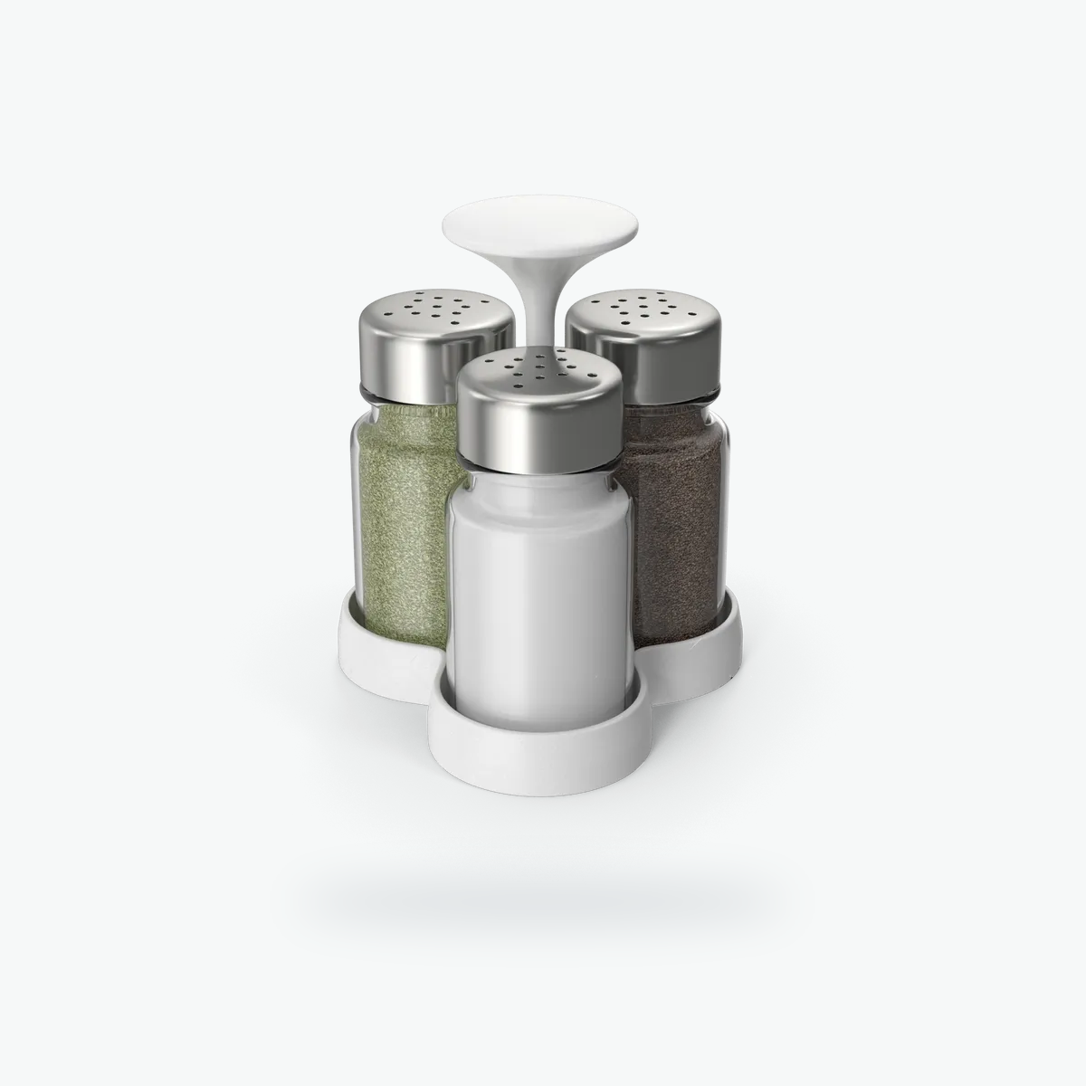Salt, pepper and spice set with stand